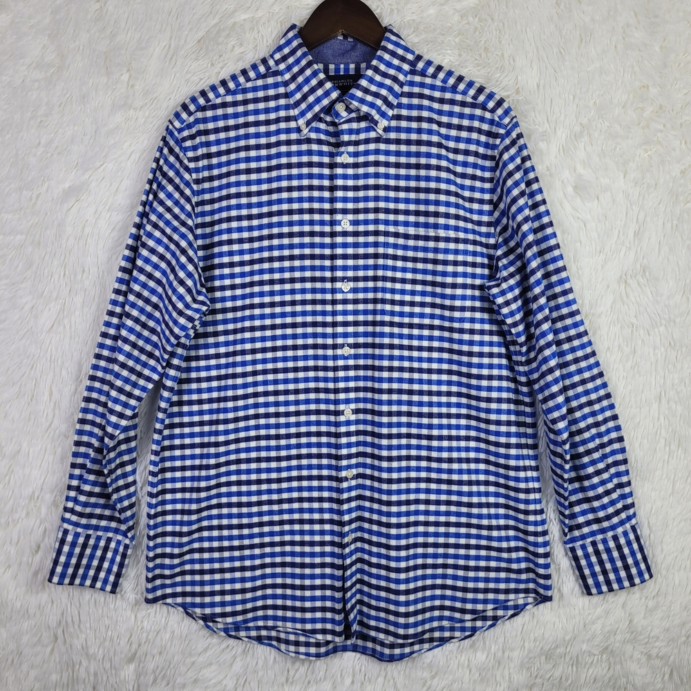 Charles Tyrwhitt Weekend Mens M Blue & White‎ Gingham Long Sleeve Shirt Casual